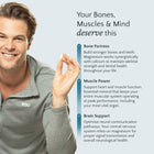 Man holding a supplement with text about bone, muscle, and brain health benefits on a light gray background