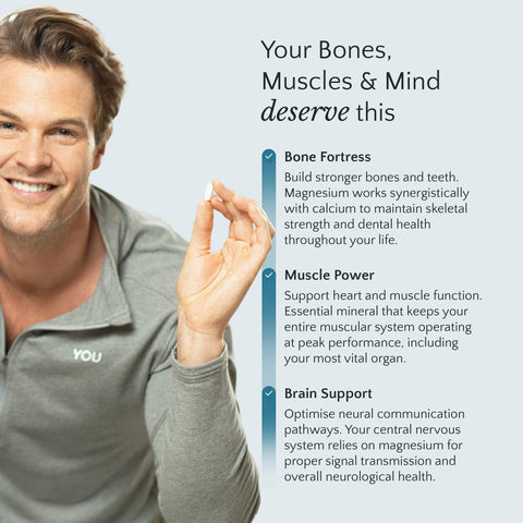 Man holding a supplement with text about bone, muscle, and brain health benefits on a light gray background