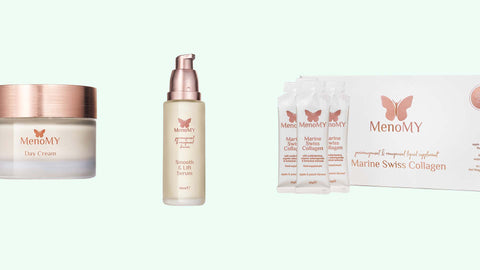 Menomy skincare products including a cream jar, serum bottle, and collagen sachets on a kight green background
