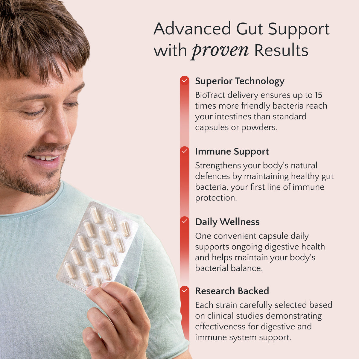 Man holding a supplement package with text about advanced gut support and immune support.