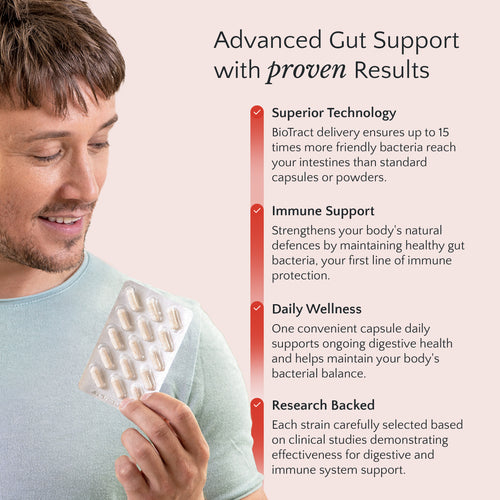Man holding a supplement package with text about advanced gut support and immune support.