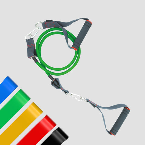 Resistance bands in green, blue, red, yellow, and black on a gray background