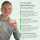 Man holding a glass of slimshotz drink with text about EU-approved weight loss ingredient