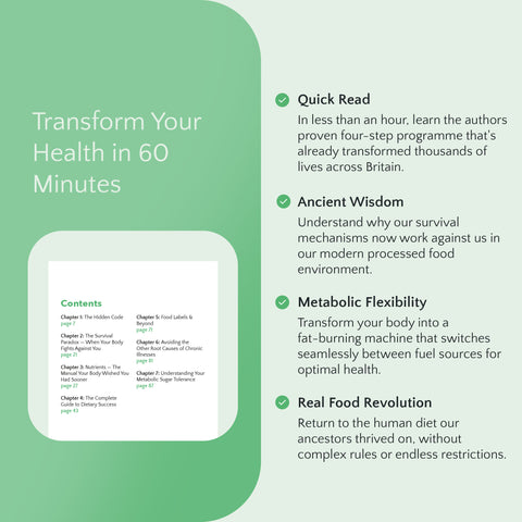 Health transformation program overview with key benefits and contents on a green and white background