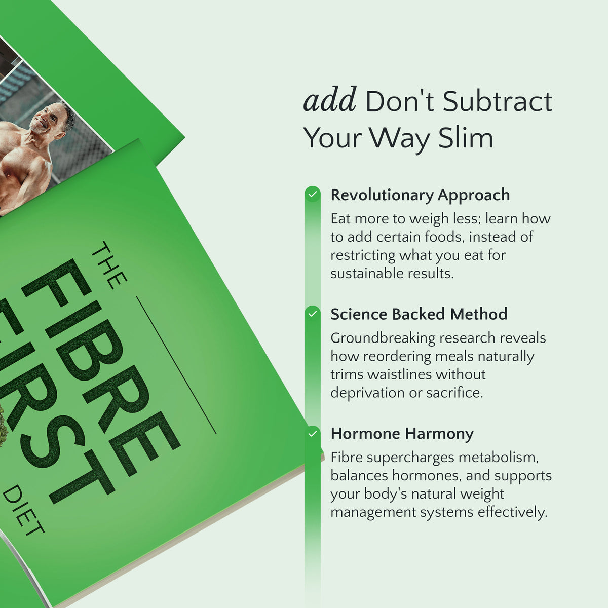 Promotional graphic for 'The Fibre First Diet' with text about revolutionary approach, science-backed method, and hormone harmony.
