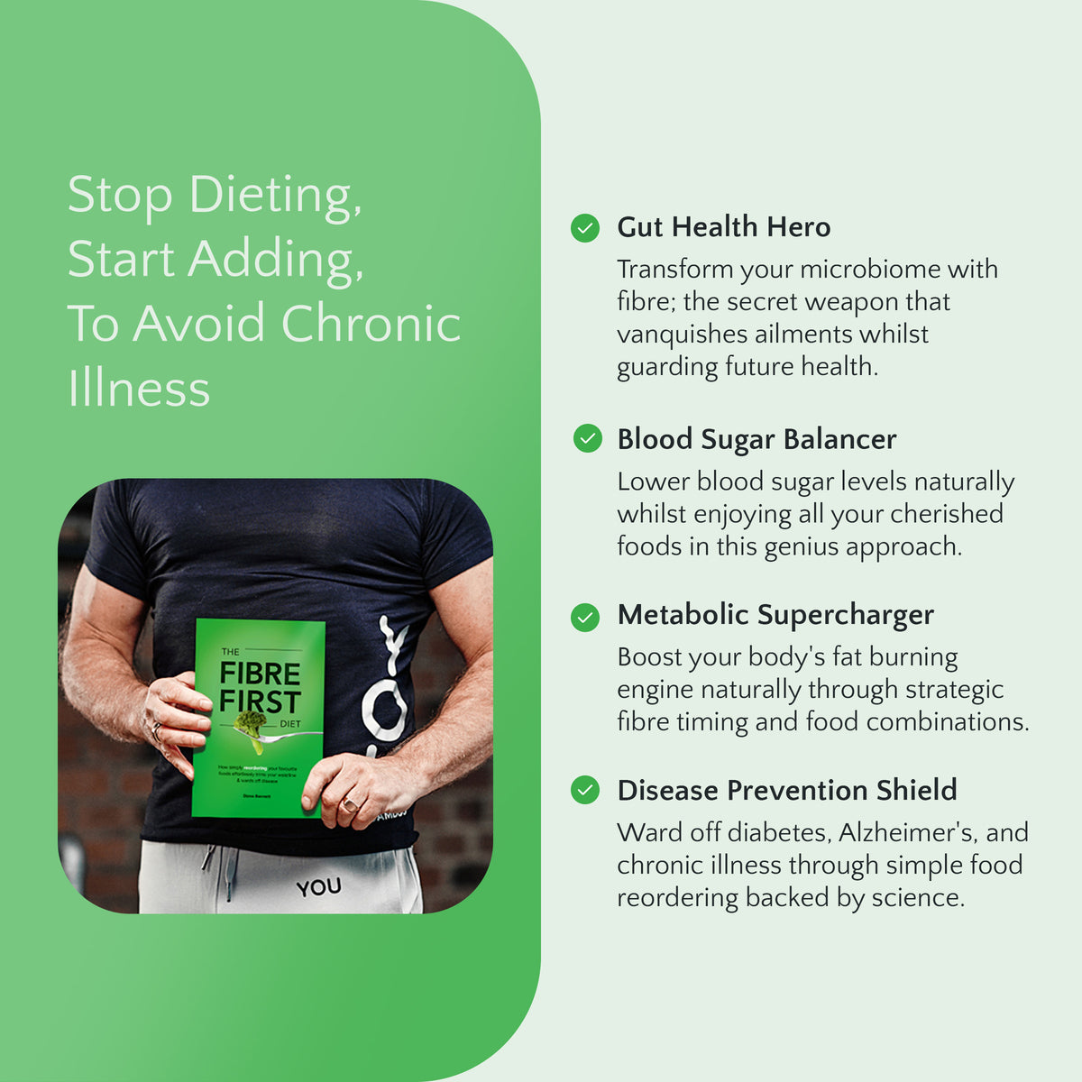 Steve Bennett holding a book titled 'The Fibre First' with health benefits listed on a green and white background.