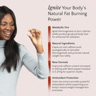 Woman holding a small object with text about metabolic fire supplement on a light pink background