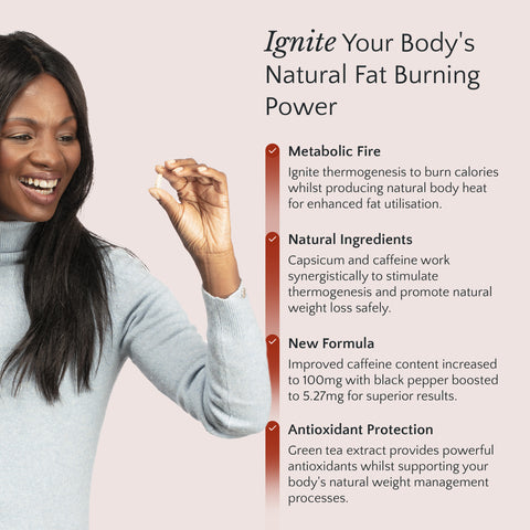 Woman holding a small object with text about metabolic fire supplement on a light pink background