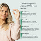 Woman holding a supplement with text about its benefits on a light background