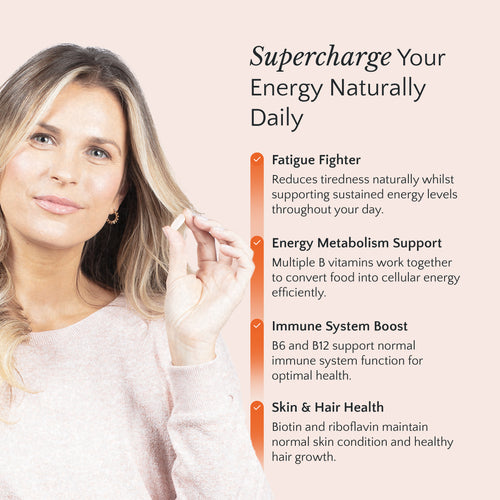 Woman with blonde hair and a light pink sweater, with text about energy boosting vitamins on a beige background.