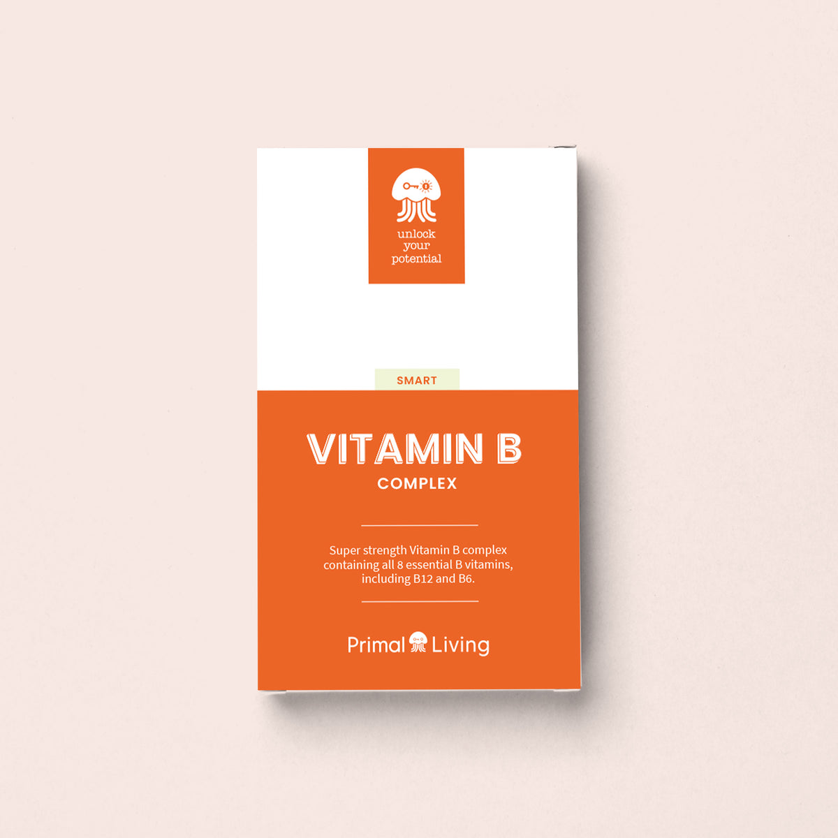Primal Living Vitamin B Complex supplement packaging on a light pink background