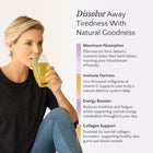 Woman drinking a glass of yellow liquid with product features listed on the right.