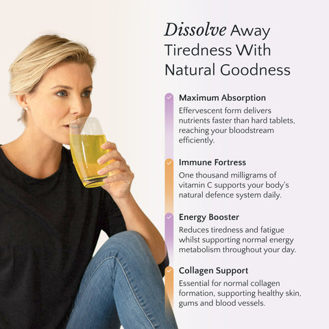 Woman drinking a glass of yellow liquid with product features listed on the right.