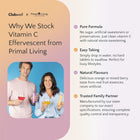 Advertisement for Clubwell stocking Vitamin C Effervescent from Primal Living with product features listed.