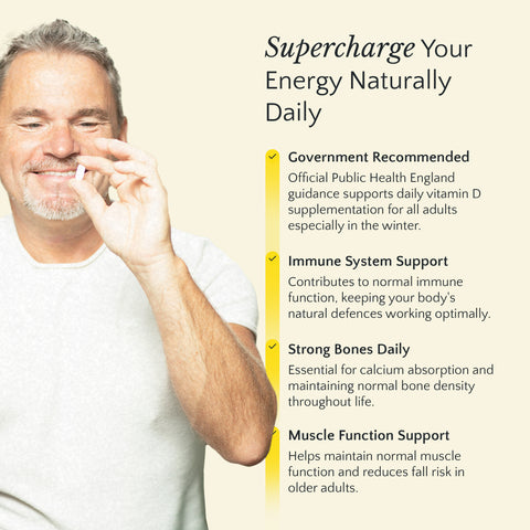 Man taking a vitamin supplement with text about vitamin D benefits on a beige background