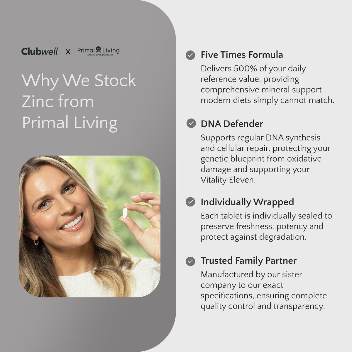 Advertisement for Clubwell zinc supplement with a woman holding a pill and product features listed.